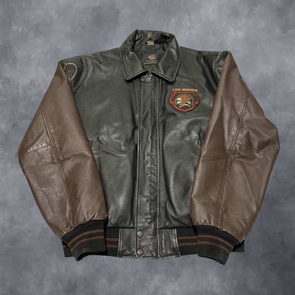 North American Hunting Club Leather Bomber Jacket Mens Medium Life Member Black